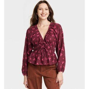 Universal Thread Women's Puff Long Sleeve Tie-Front Blouse Red Floral XS